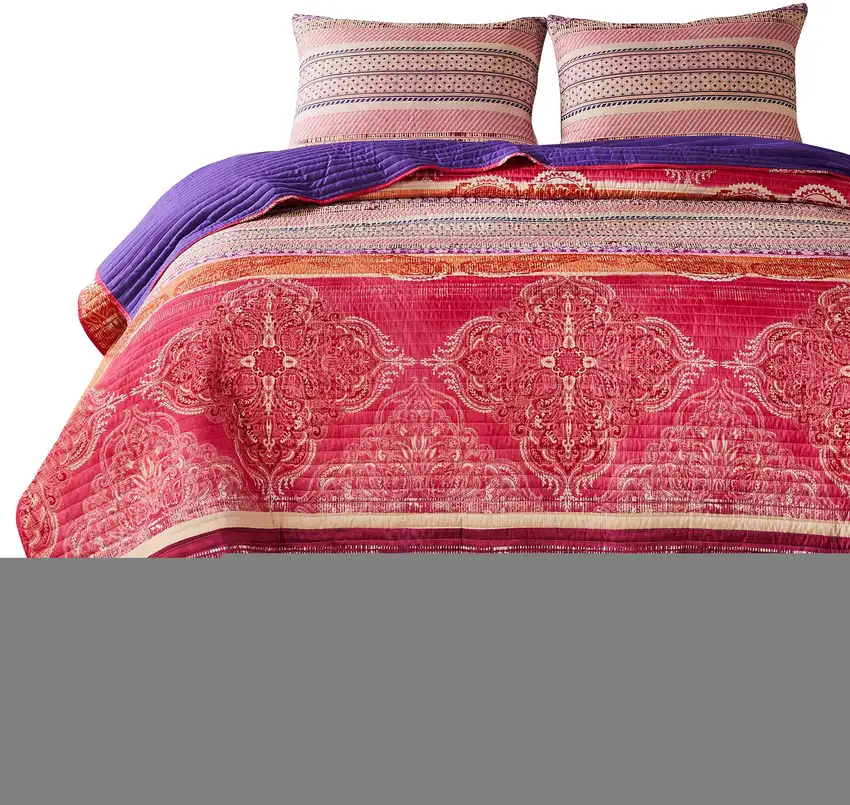 Dora 3 Piece Bohemian Full Quilt Set, Medallion, Paisley, Pink, Blue Photo 5