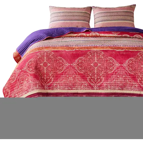 Dora 3 Piece Bohemian Full Quilt Set, Medallion, Paisley, Pink, Blue Photo 5