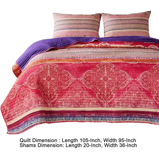 Dora 3 Piece Bohemian King Quilt Set, Medallion, Paisley, Pink, Blue Photo 6