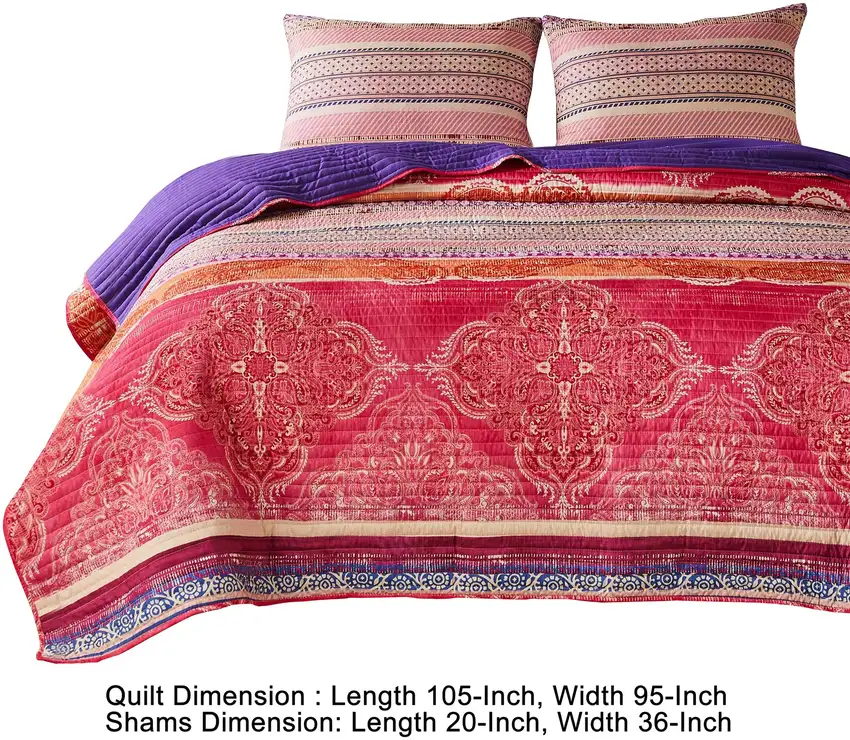 Dora 3 Piece Bohemian King Quilt Set, Medallion, Paisley, Pink, Blue Photo 6