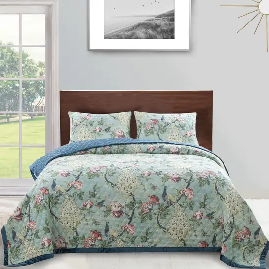 Eden 3 Piece Queen Quilt Set, Peacock and Songbirds, Light Green Microfiber Photo 6