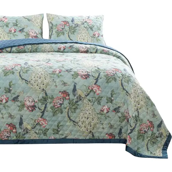 Eden 3 Piece Queen Quilt Set, Peacock and Songbirds, Light Green Microfiber Photo 3