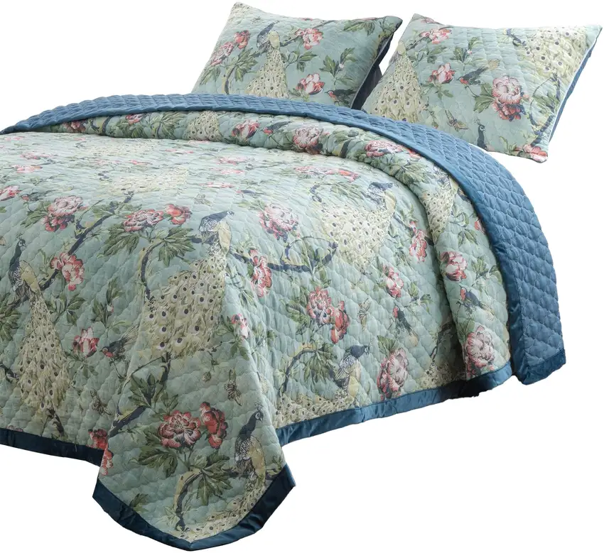 Eden 3 Piece Queen Quilt Set, Peacock and Songbirds, Light Green Microfiber Photo 2