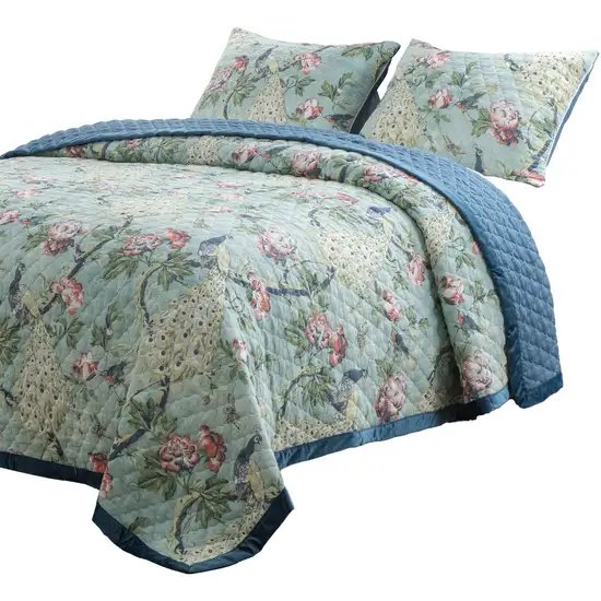 Eden 3 Piece Queen Quilt Set, Peacock and Songbirds, Light Green Microfiber Photo 2