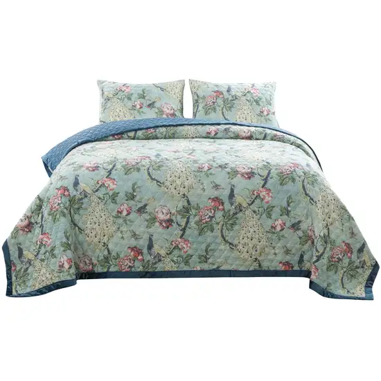 Eden 3 Piece Queen Quilt Set, Peacock and Songbirds, Light Green Microfiber Photo 1