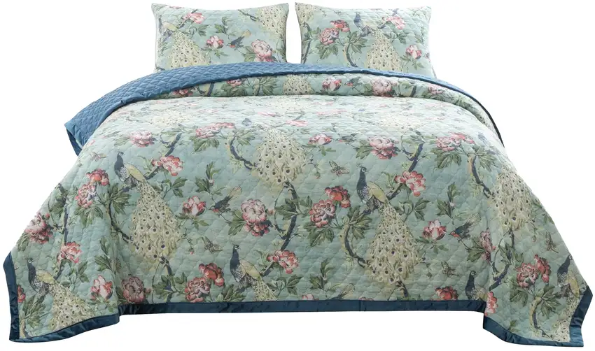 Eden 3 Piece Queen Quilt Set, Peacock and Songbirds, Light Green Microfiber Photo 1