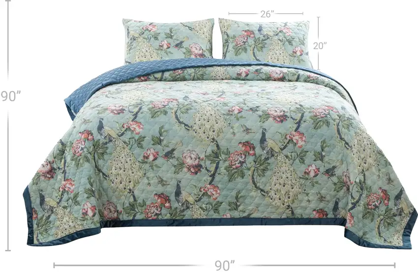 Eden 3 Piece Queen Quilt Set, Peacock and Songbirds, Light Green Microfiber Photo 5