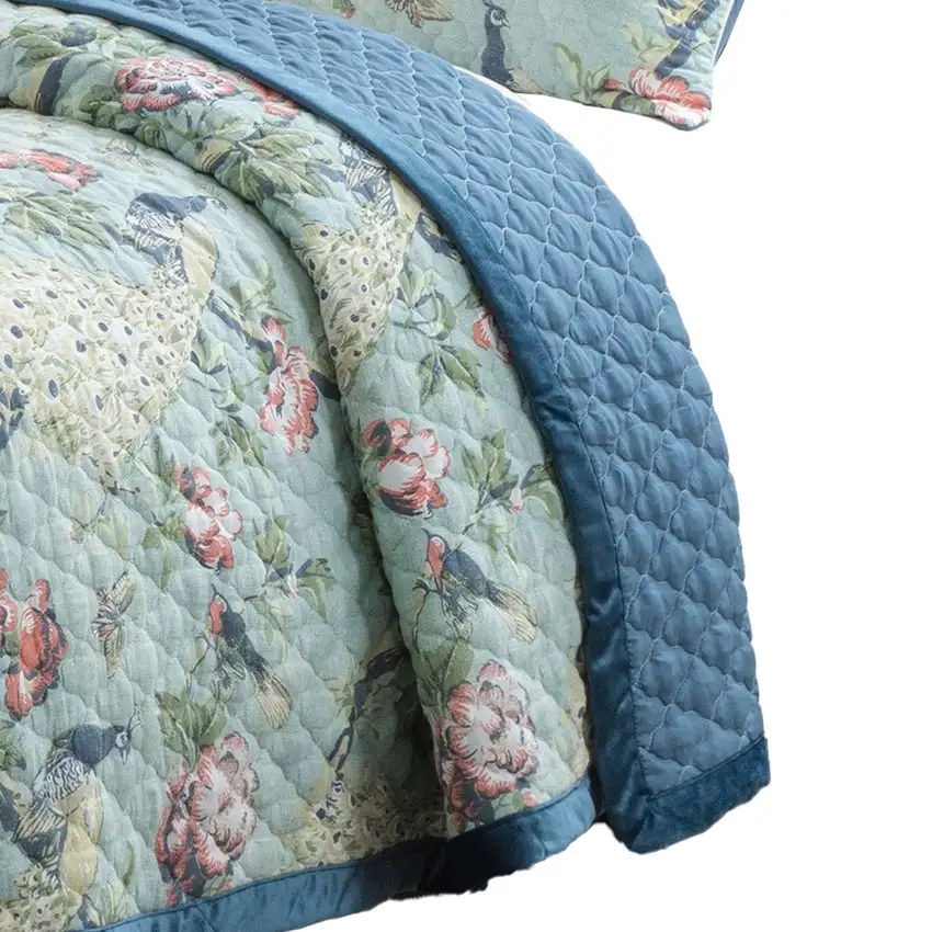 Eden 2 Piece Twin XL Quilt Set, Peacock and Songbirds, Green Microfiber Photo 4