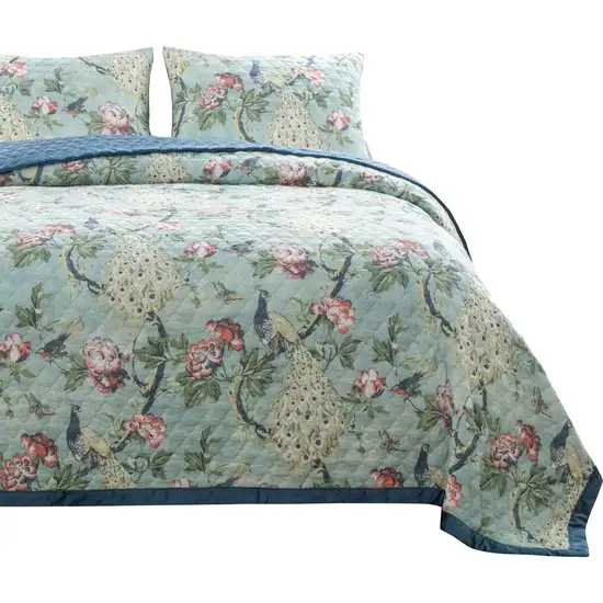 Eden 2 Piece Twin XL Quilt Set, Peacock and Songbirds, Green Microfiber Photo 3