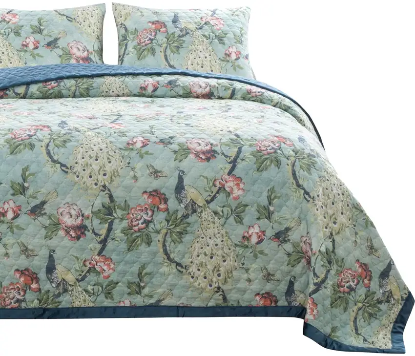 Eden 2 Piece Twin XL Quilt Set, Peacock and Songbirds, Green Microfiber Photo 3