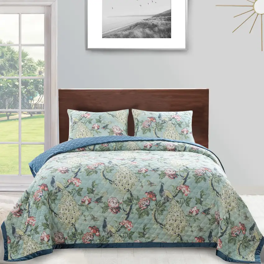 Eden 2 Piece Twin XL Quilt Set, Peacock and Songbirds, Green Microfiber Photo 6