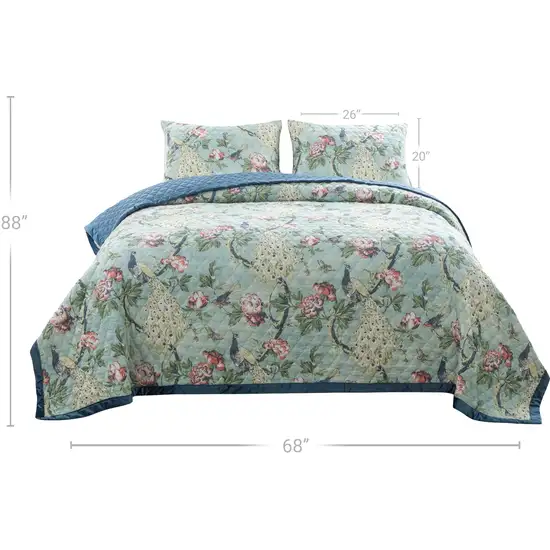 Eden 2 Piece Twin XL Quilt Set, Peacock and Songbirds, Green Microfiber Photo 5