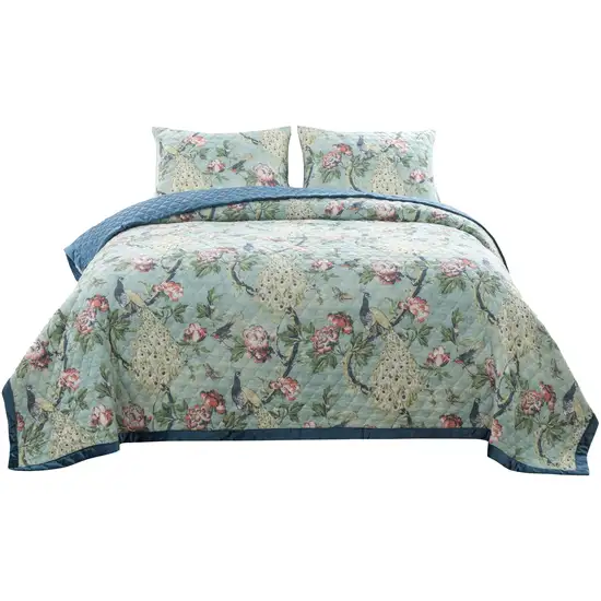 Eden 2 Piece Twin XL Quilt Set, Peacock and Songbirds, Green Microfiber Photo 1