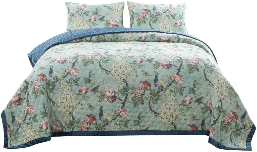 Eden 2 Piece Twin XL Quilt Set, Peacock and Songbirds, Green Microfiber Photo 1