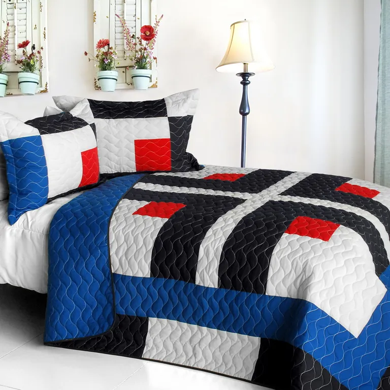Ending - Vermicelli-Quilted Patchwork Geometric Quilt Set Full/Queen Photo 1