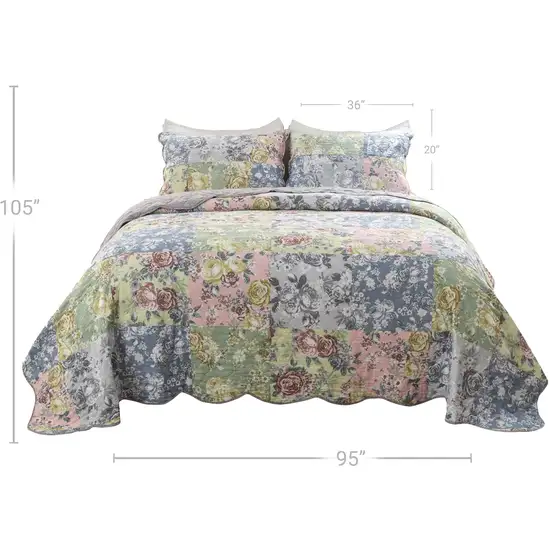 Eni 3 Piece California King Cotton Quilt Set, Pastel Blue Flower Design Photo 5