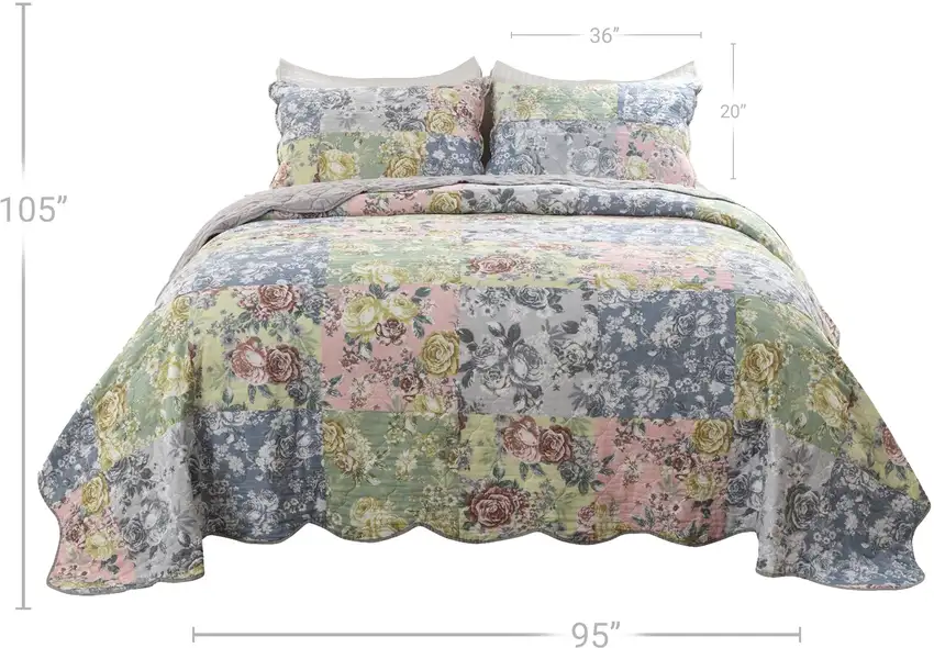 Eni 3 Piece California King Cotton Quilt Set, Pastel Blue Flower Design Photo 5