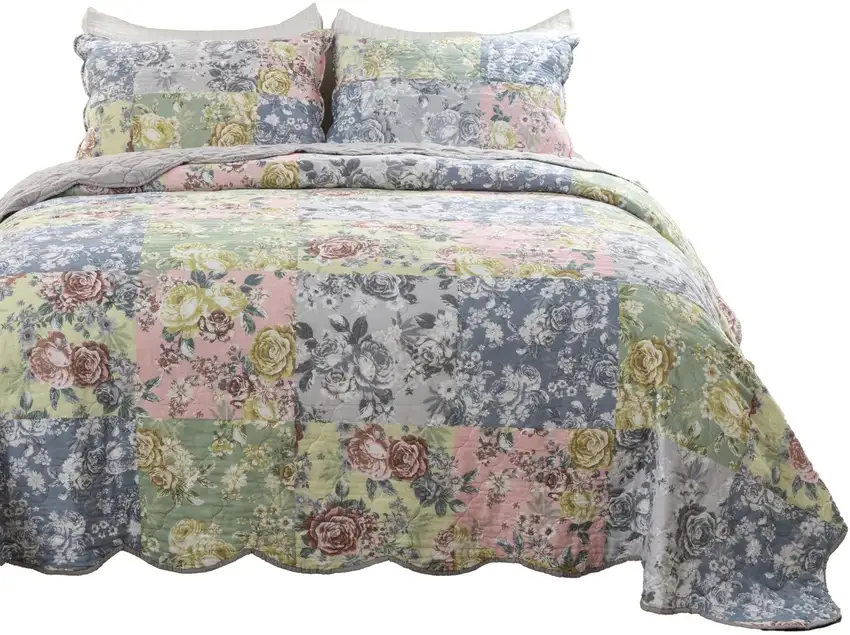 Eni 3 Piece California King Cotton Quilt Set, Pastel Blue Flower Design Photo 2