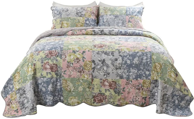 Eni 3 Piece California King Cotton Quilt Set, Pastel Blue Flower Design Photo 1