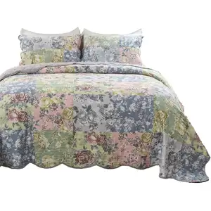 Photo of Eni 3 Piece Queen Cotton Quilt Set, Vibrant Pastel Blue Flowers, Scalloped
