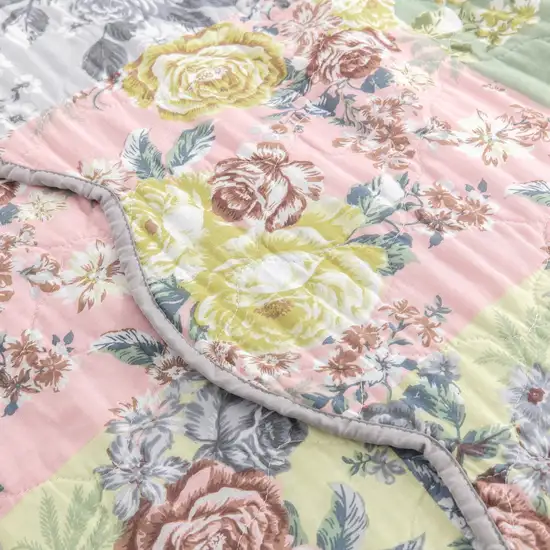 Eni 3 Piece Queen Cotton Quilt Set, Vibrant Pastel Blue Flowers, Scalloped Photo 4