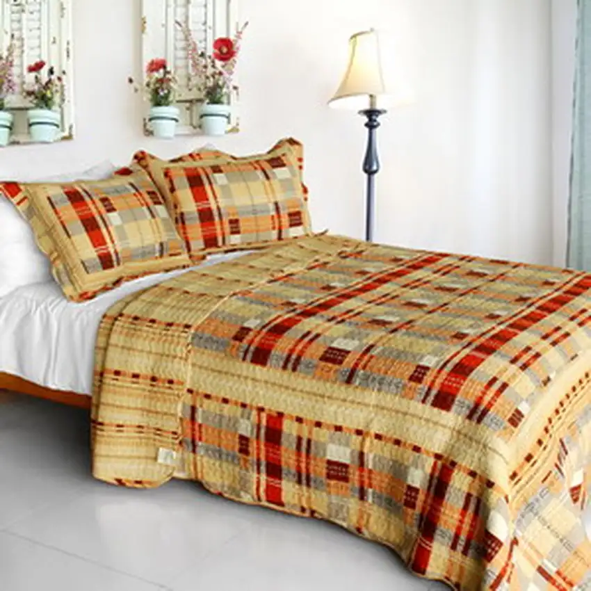 Enthusiasm Waltz -  Cotton 3PC Vermicelli-Quilted Plaid Patchwork Quilt Set (Full/Queen Size) Photo 1