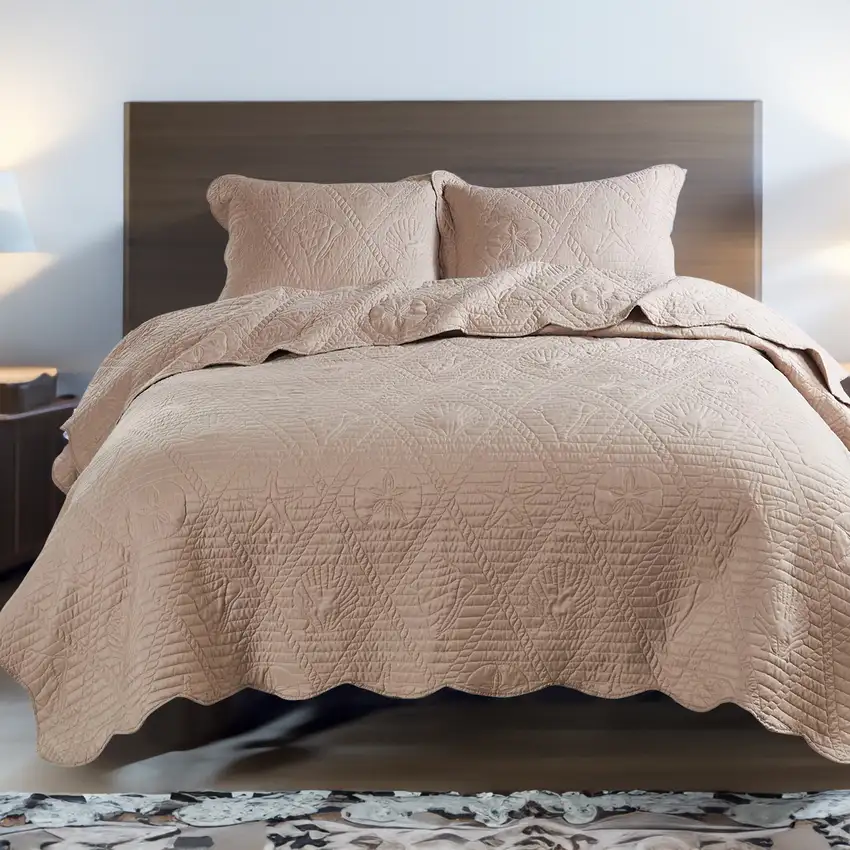 Esen 3 Piece Full Size Quilt Set, Quilted Nautical Design, Taupe Brown Photo 6