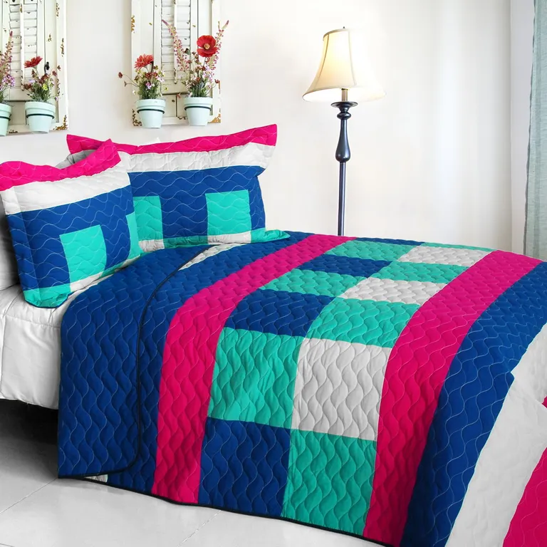 Eternity - Vermicelli-Quilted Patchwork Plaid Quilt Set Full/Queen Photo 1