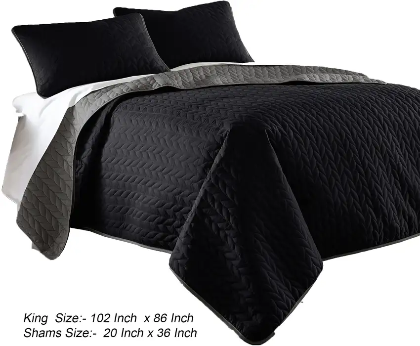Eva 3 Piece King Microfiber Reversible Coverlet Set, Quilted, Gray, Black Photo 5