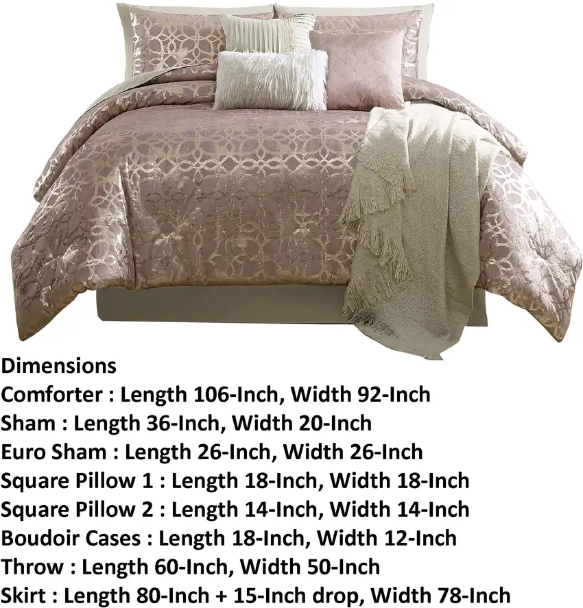 Eve 10 Piece King Size Poly Velvet Comforter Set, Foil Pattern, Blush Pink Photo 6