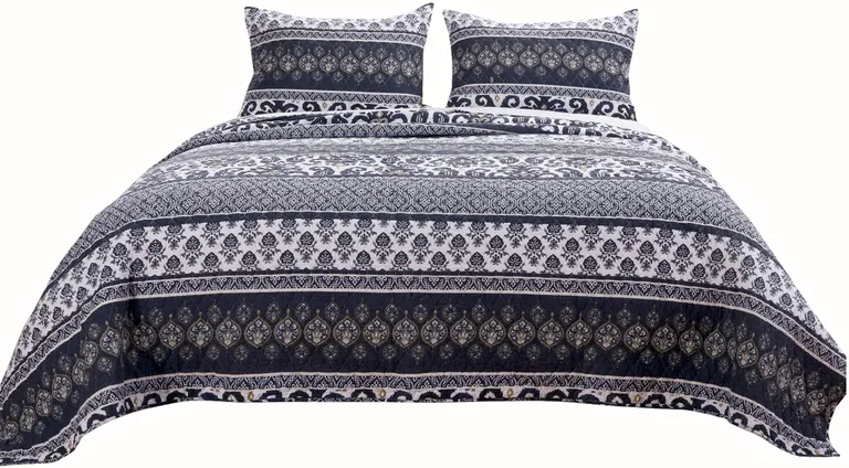 Fabric Reversible Queen Quilt Set with Ikat and Floral Motif Photo 1