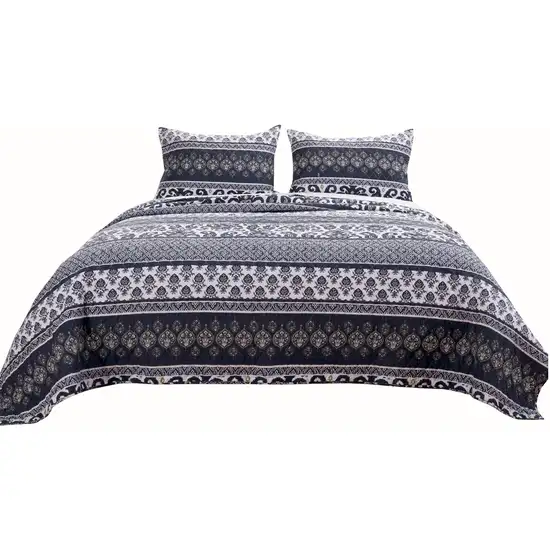 Fabric Reversible Queen Quilt Set with Ikat and Floral Motif Photo 1