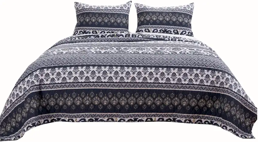 Fabric Reversible Queen Quilt Set with Ikat and Floral Motif Photo 1