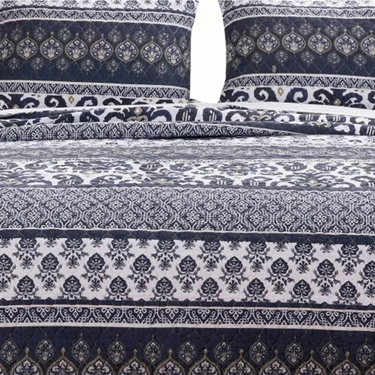 Fabric Reversible Queen Quilt Set with Ikat and Floral Motif Photo 3