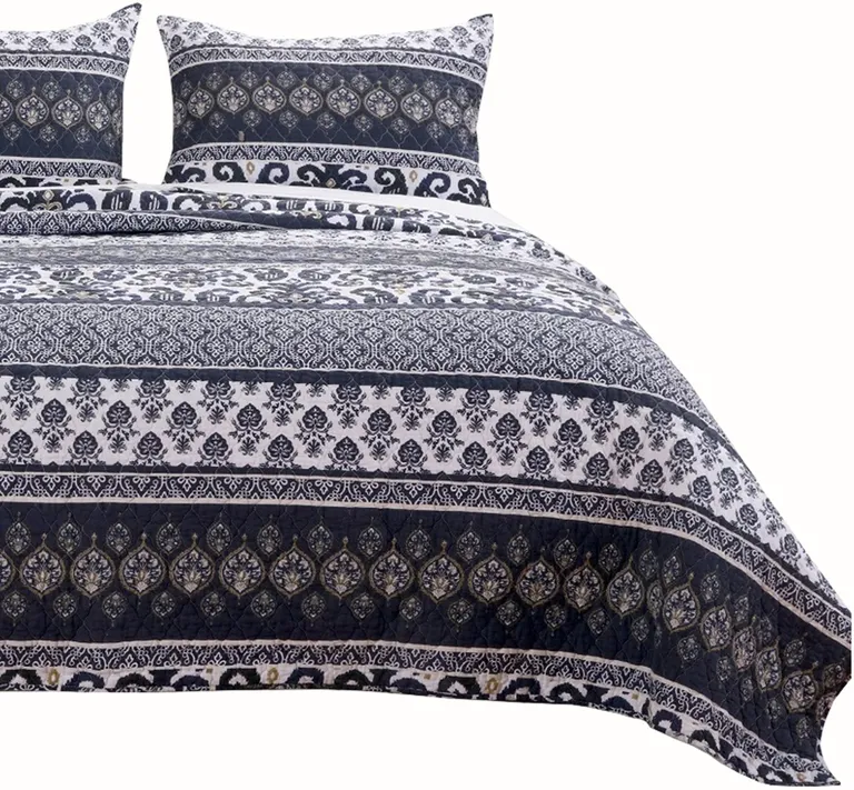 Fabric Reversible Queen Quilt Set with Ikat and Floral Motif Photo 2