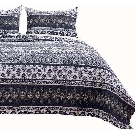 Fabric Reversible Queen Quilt Set with Ikat and Floral Motif Photo 2