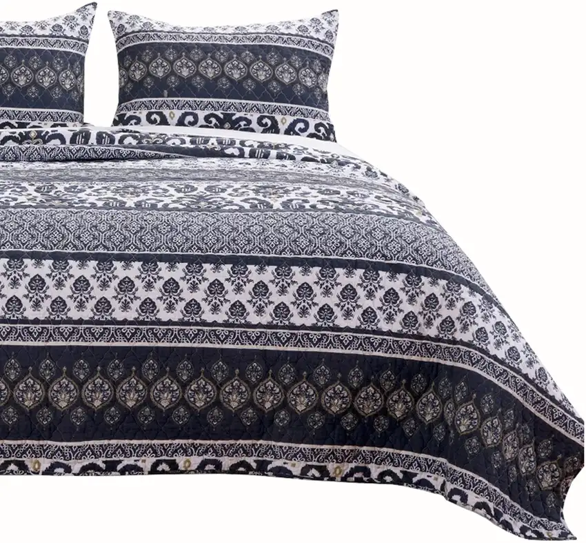 Fabric Reversible Queen Quilt Set with Ikat and Floral Motif Photo 2