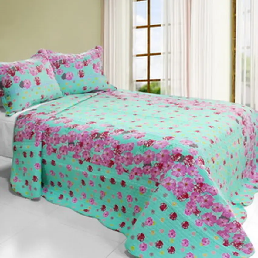 Flora River -  3PC Cotton Vermicelli-Quilted Printed Quilt Set (Full/Queen Size) Photo 2