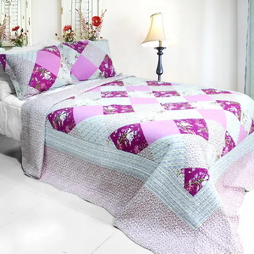 Floral Print -  3PC Cotton Vermicelli-Quilted Printed Quilt Set (Full/Queen Size) Photo 2