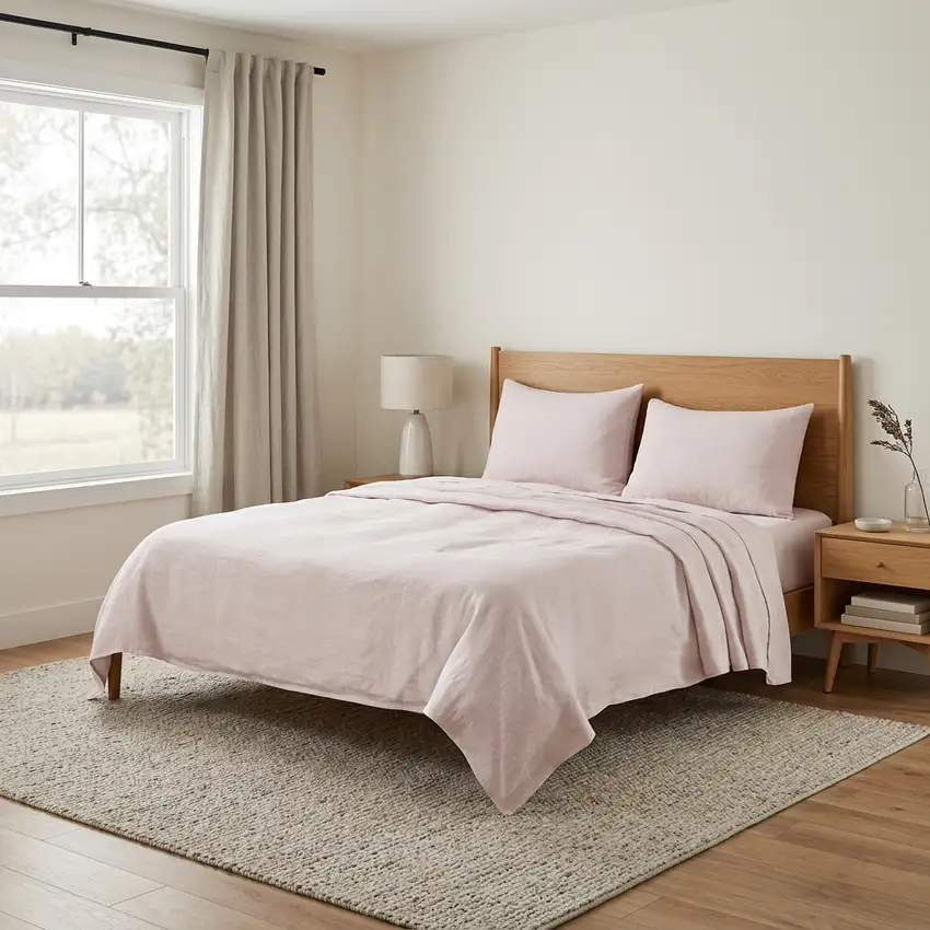 Four Piece Light Pink Linen Twin Sheet Set Photo 1