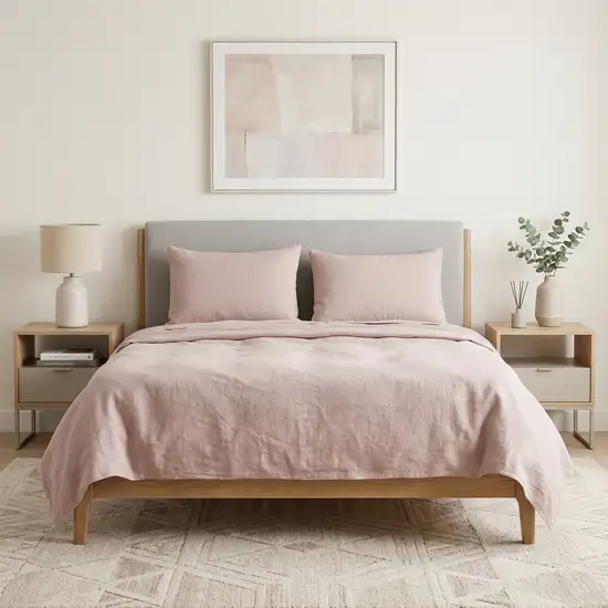 Four Piece Light Pink Linen Queen Sheet Set Photo 1
