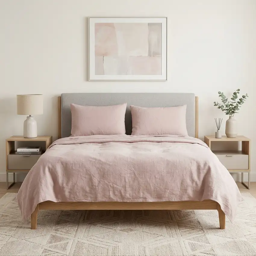 Four Piece Light Pink Linen Queen Sheet Set Photo 1