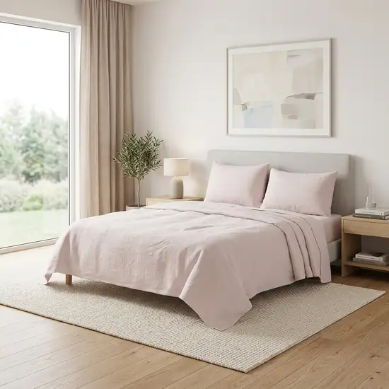 Four Piece Light Pink Linen California King Sheet Set Photo 1