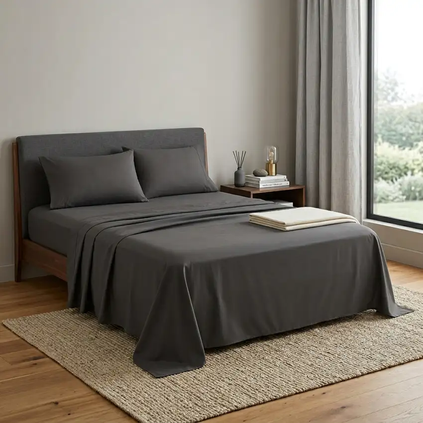 Four Piece Charcoal Cotton Queen Sheet Set Photo 1