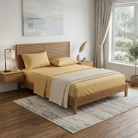 Four Piece Gold Cotton Queen Sheet Set Photo 1