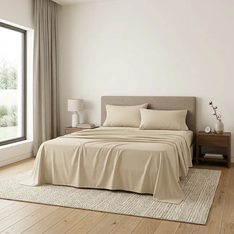 Four Piece Ivory Cotton King Sheet Set Photo 2