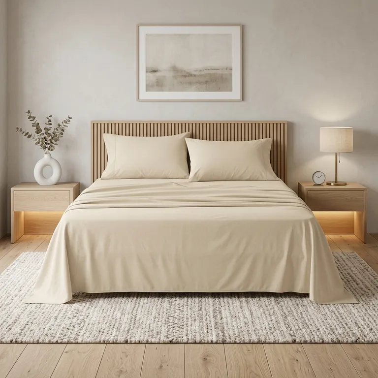 Four Piece Ivory Cotton Queen Sheet Set Photo 2