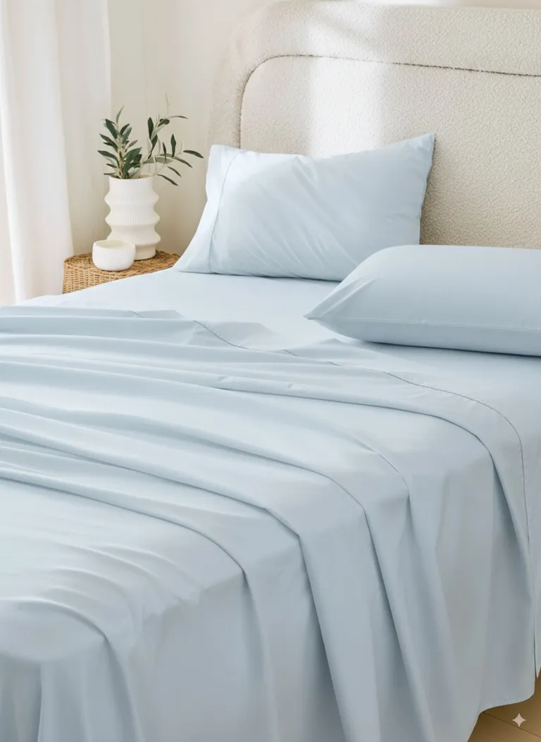 Four Piece Light Blue Cotton King Sheet Set Photo 1