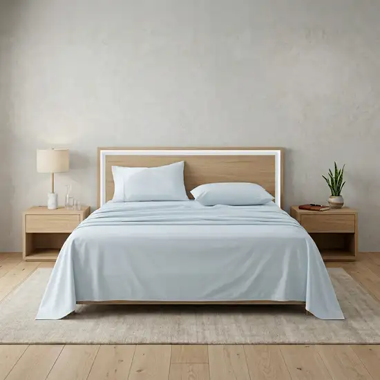 Four Piece Light Blue Cotton Queen Sheet Set Photo 1