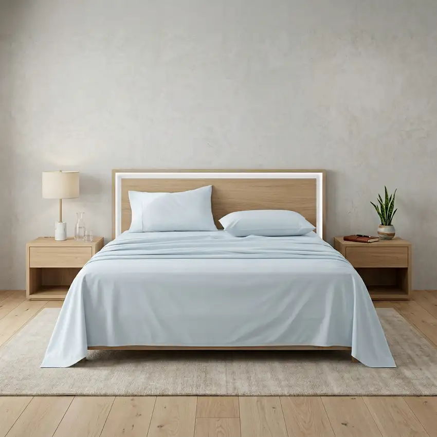 Four Piece Light Blue Cotton Queen Sheet Set Photo 1